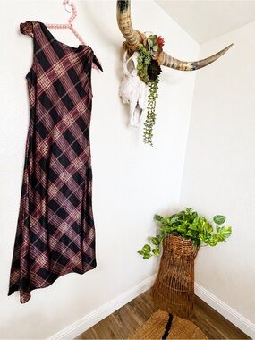 Revolve Camila Coelho Plaid Satin Tie Shoulder Maxi Dress Size  NWT XS